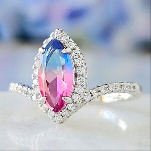Pink Blue Marquise Gemstone Wishbone ring, 925 Sterling Silver Size 6